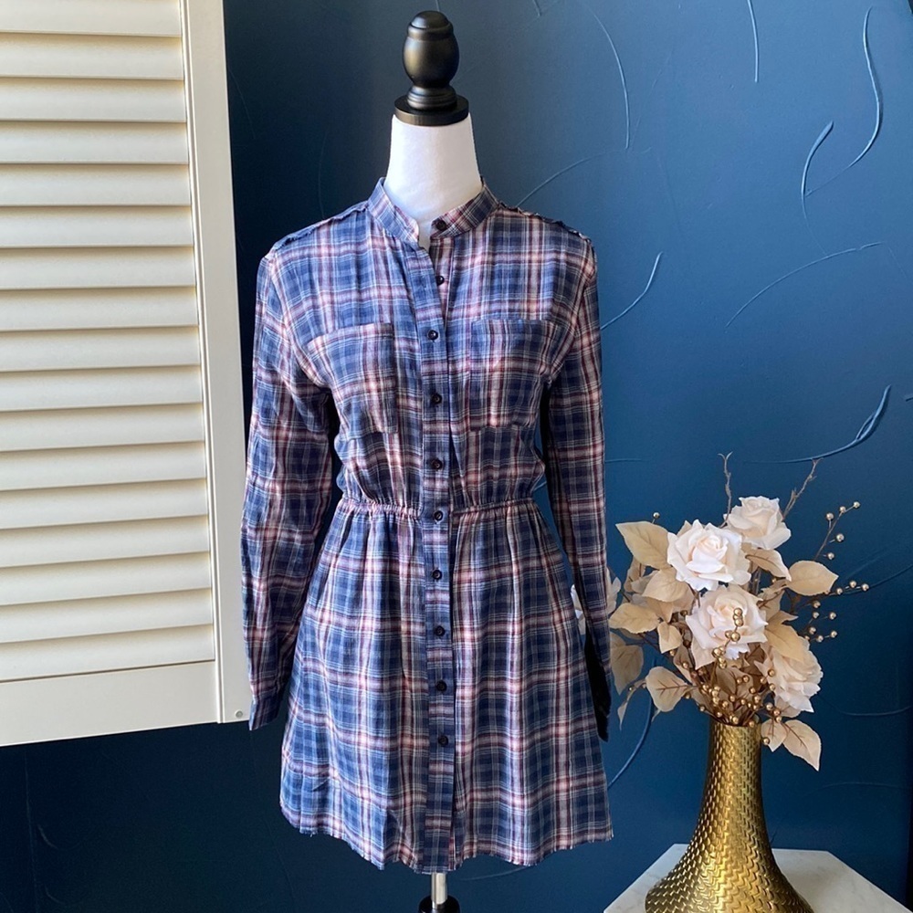 PINK LILY Plaid Elastic Waist Dress Button Down Long Sleeve Navy Red Blue